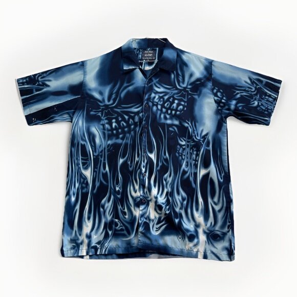 Y2K Urban Rags Skull Blue Flame AOP Shirt Black Men Sz 2XL Goth Cyber Punk Emo - Picture 1 of 16